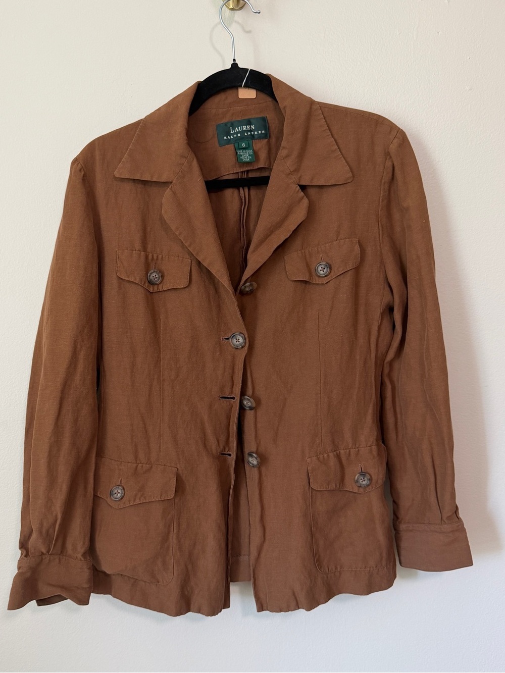vintage Ralph Lauren brown linen & silk belted jacket blazer button front size 6